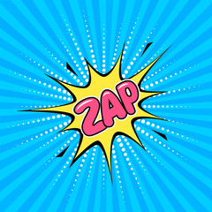 Speech bubble Zap on the rays blue comic background. Colored pop art style sound effect. Halftone vector illustration banner. Vector illustration in comic style
