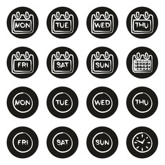 Days of the Week Icons Freehand White On Black Circle
