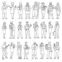 Women and men workers different professions in uniform. Labor Day people vector black white illustration in line art style.