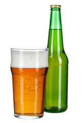 Beer bottle and beer glass on white background