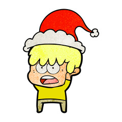 worried textured cartoon of a boy wearing santa hat