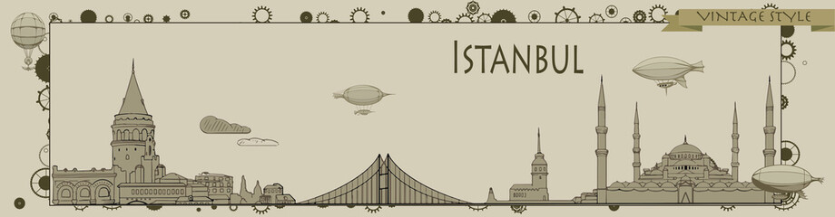 Istanbul vintage skyline frame, vector background cogs, gears, sign menu wheel, old retro, steampunk logo