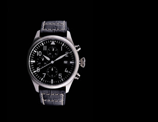 Exquisite Men's Watch with Leather Belt. Black background and free space