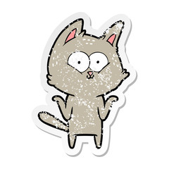distressed sticker of a cartoon cat shrugging shoulders