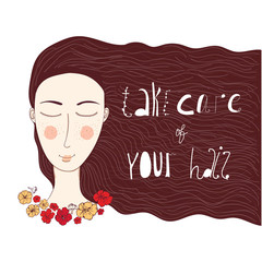 vector cute illustration of a young woman with long hair augmented with positive advice about hair care.