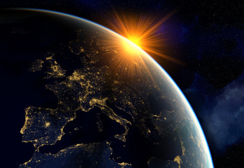  realistic render of the earth seen from space,sunrise over Europe.Elements of this image furnished by NASA. 3d rendering