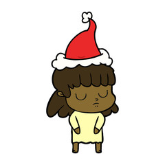 line drawing of a indifferent woman wearing santa hat