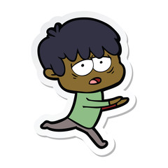 sticker of a cartoon exhausted boy