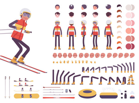 Skier man character creation set. Ski clothing, equipment, winter sport gear kit. Full length, different views, emotions, gestures. Build your own design. Cartoon flat style infographic illustration