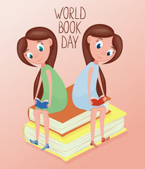 Two girl reading books illustration for world book day