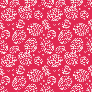 Raspberry seamless pattern. Hand drawn fresh fruit. Vector sketch background. Color doodle wallpaper. Red berry print © Ramziia
