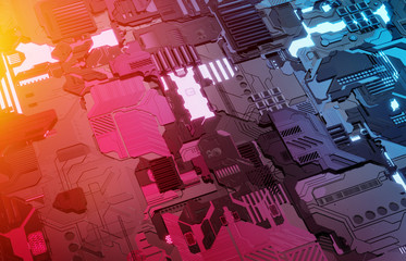 Futuristic blue orange and pink tech panel background with lots of details