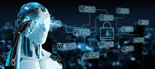 White robot on blurred background hacking and accessing private cyber datas