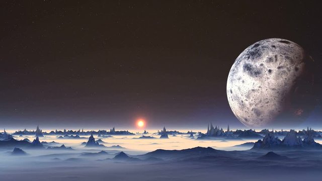 Sunrise on Alien Planet. In the dark starry sky huge planet. A bright orange sun slowly rises from the misty horizon. Blue rocks stand among thick white mist. 