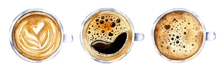Fotobehang Koffie Aquarel koffie clipart collectie in vintage stijl. Set van drie mokken met verschillende koffiedranken met hartjes in schuim in blauwe en gouden kleuren
