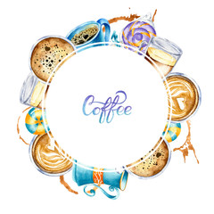 Watercolor round border in retro style with coffee cups, splashes, candies and sweets. Vintage frame with organic texture in gold, blue and violet colors isolated on a white background