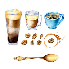 Watercolor coffee clipart collection in vintage style. Set of cup, glass mugs, coffee stain, spoon and coffee beans in blue and gold colors