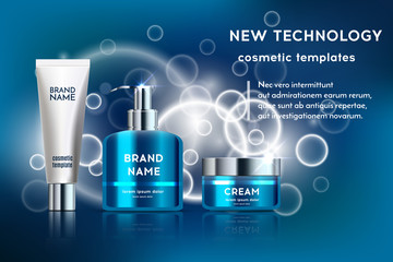 A beautiful templates for cosmetic ads, realistic exhibition from glossy tubes for moisturizing cream on a blue shiny background. Vector illustration