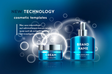 A beautiful templates for cosmetic ads, realistic glossy tubes for moisturizing cream on a blue shiny background