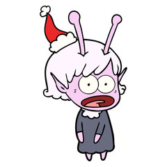 line drawing of a shocked alien girl wearing santa hat