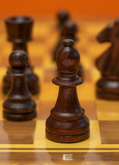 Chess pieces on a chessboard, wooden pieces.