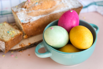 multicolored, boiled eggs, Easter, Easter eggs, cake, green, plate,