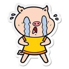 sticker of a crying pig cartoon wearing human clothes