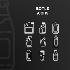 Design of white icons of bottles and cans with stroke.