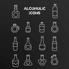 Set of white linear vector icons of alcoholic bottles.