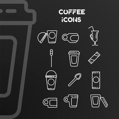 Set of vector white linear icons on the coffee theme.