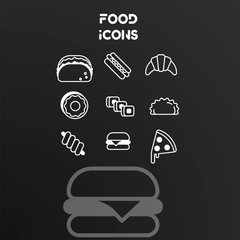 Set of vector white linear icons on the theme of food.