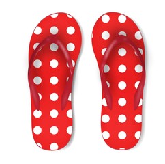 summertime illustration of red polka dot flip flops isolated on white background.