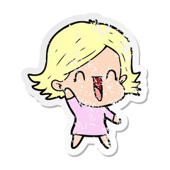 distressed sticker of a cartoon happy woman