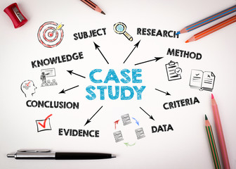 Case study Concept. Chart with keywords and icons on white desk with stationery