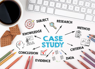 Case study Concept. Chart with keywords and icons. White office desk