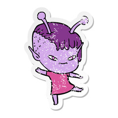 distressed sticker of a cute cartoon alien girl