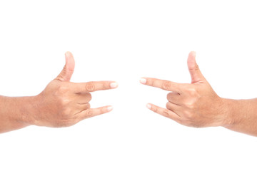 COPY SPACE : Male Caucasian hand gestures isolated over the white background. LOVE SIGN.