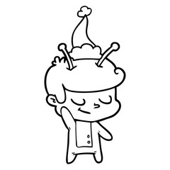 friendly line drawing of a spaceman wearing santa hat