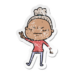 distressed sticker of a cartoon annoyed old lady