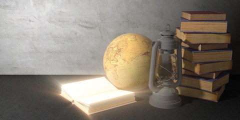 open glowing book next to a globe, a kerosene lamp, and a pile of books on a black background, 3d illustration