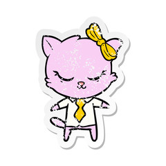 distressed sticker of a cute cartoon business cat with bow