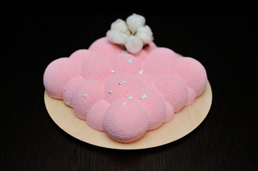 Biscuit Gioconda (based on almond flour), raspberry mousse, white chocolate-based mousse-solid tenderness and lightness