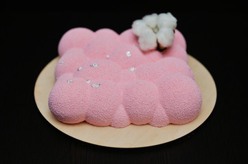 Biscuit Gioconda (based on almond flour), raspberry mousse, white chocolate-based mousse-solid tenderness and lightness