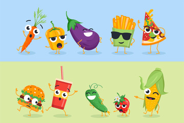 Funny vegetables and fast food - set of vector characters illustrations