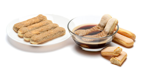 Italian Savoiardi Biscuits and coffee isolated on white with clipping path