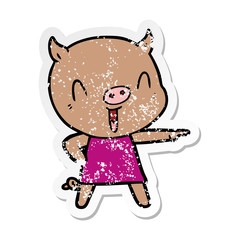 distressed sticker of a happy cartoon pig in dress