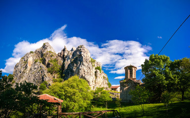 Exterior view to St. Nicola Shishevski monastery at the mountains above Matka Canyon, North Macedonia