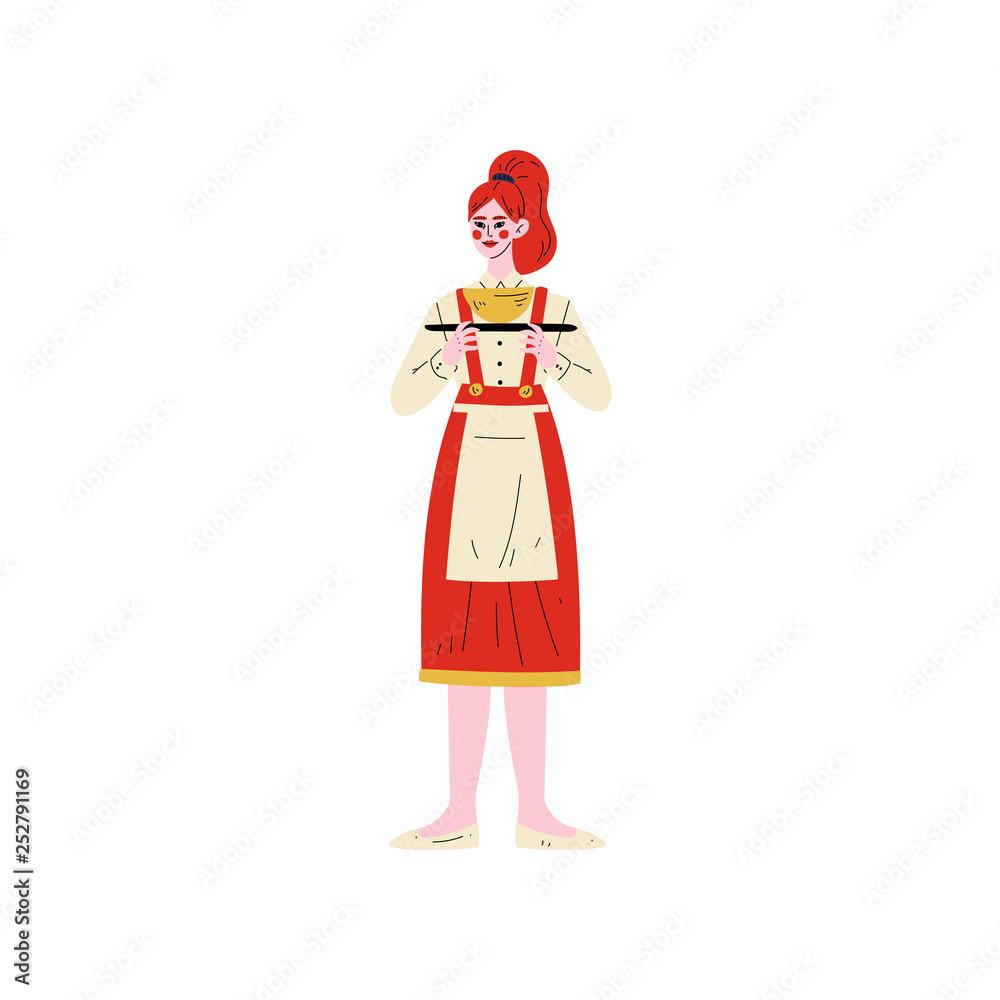 Sticker Waitress Standing with Tray, Hotel Staff Character in Red Uniform Vector Illustration