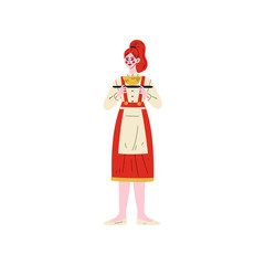 Waitress Standing with Tray, Hotel Staff Character in Red Uniform Vector Illustration