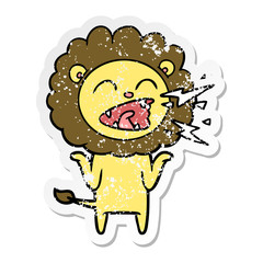 distressed sticker of a cartoon roaring lion